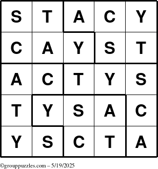 The grouppuzzles.com Answer grid for the Stacy puzzle for Monday May 19, 2025