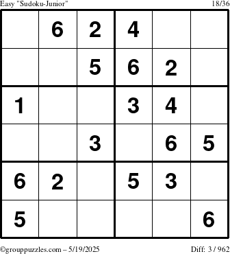 The grouppuzzles.com Easy Sudoku-Junior puzzle for Monday May 19, 2025