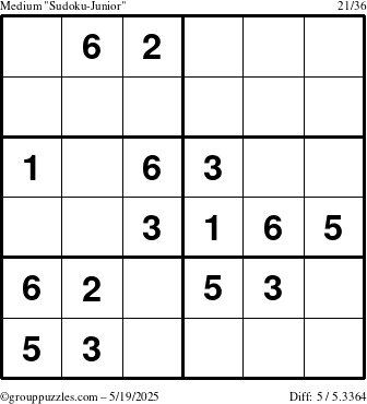 The grouppuzzles.com Medium Sudoku-Junior puzzle for Monday May 19, 2025