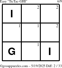 The grouppuzzles.com Easy TicTac-GHI puzzle for Monday May 19, 2025 with the first 2 steps marked