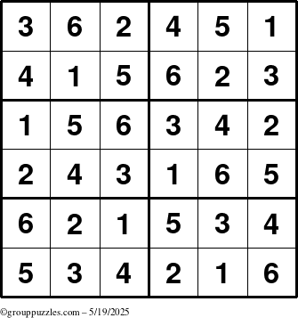 The grouppuzzles.com Answer grid for the Sudoku-Junior puzzle for Monday May 19, 2025