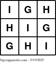 The grouppuzzles.com Answer grid for the TicTac-GHI puzzle for Monday May 19, 2025