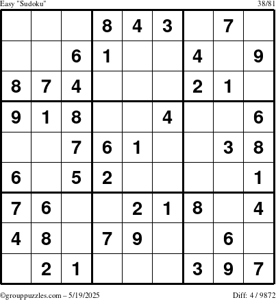 The grouppuzzles.com Easy Sudoku puzzle for Monday May 19, 2025