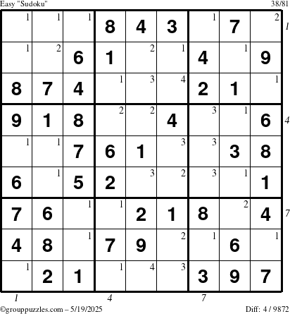 The grouppuzzles.com Easy Sudoku puzzle for Monday May 19, 2025 with all 4 steps marked