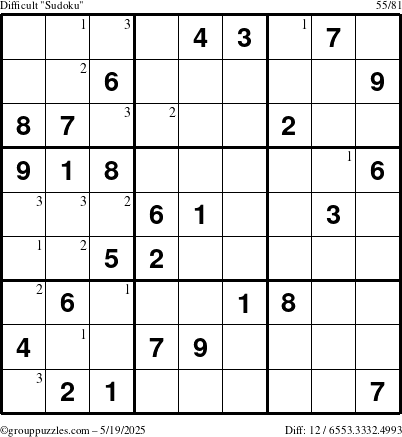 The grouppuzzles.com Difficult Sudoku puzzle for Monday May 19, 2025 with the first 3 steps marked