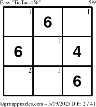 The grouppuzzles.com Easy TicTac-456 puzzle for Monday May 19, 2025 with the first 2 steps marked