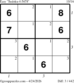 The grouppuzzles.com Easy Sudoku-4-5678 puzzle for Friday April 24, 2026, suitable for printing, with all 3 steps marked