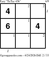 The grouppuzzles.com Easy TicTac-456 puzzle for Friday April 24, 2026 with all 2 steps marked