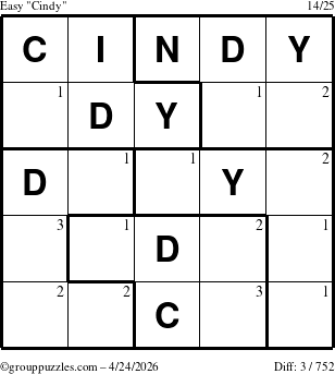The grouppuzzles.com Easy Cindy puzzle for Friday April 24, 2026 with the first 3 steps marked