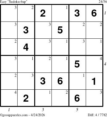 The grouppuzzles.com Easy Sudoku-6up puzzle for Friday April 24, 2026 with all 4 steps marked