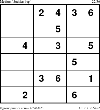 The grouppuzzles.com Medium Sudoku-6up puzzle for Friday April 24, 2026