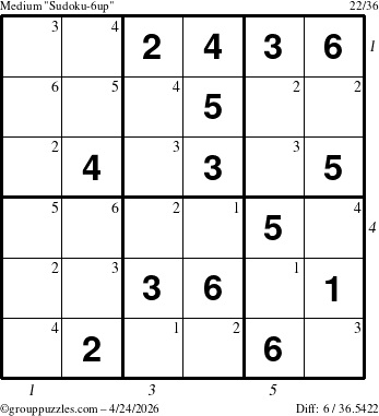 The grouppuzzles.com Medium Sudoku-6up puzzle for Friday April 24, 2026, suitable for printing, with all 6 steps marked