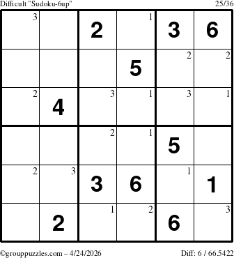 The grouppuzzles.com Difficult Sudoku-6up puzzle for Friday April 24, 2026 with the first 3 steps marked