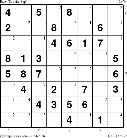 The grouppuzzles.com Easy Sudoku-8up puzzle for Friday April 24, 2026, suitable for printing, with all 4 steps marked