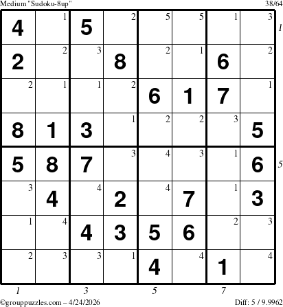 The grouppuzzles.com Medium Sudoku-8up puzzle for Friday April 24, 2026, suitable for printing, with all 5 steps marked