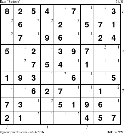 The grouppuzzles.com Easy Sudoku puzzle for Friday April 24, 2026 with all 3 steps marked