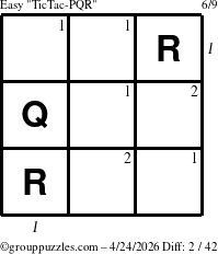 The grouppuzzles.com Easy TicTac-PQR puzzle for Friday April 24, 2026 with all 2 steps marked