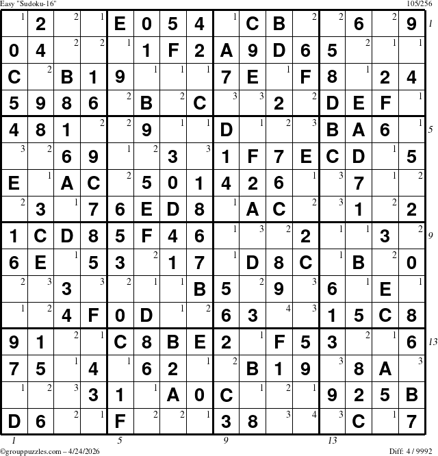 The grouppuzzles.com Easy Sudoku-16 puzzle for Friday April 24, 2026, suitable for printing, with all 4 steps marked