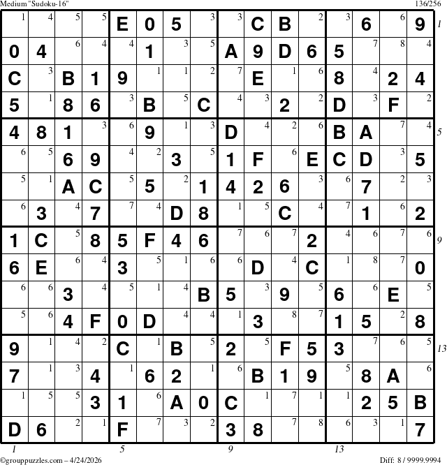 The grouppuzzles.com Medium Sudoku-16 puzzle for Friday April 24, 2026, suitable for printing, with all 8 steps marked