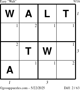 The grouppuzzles.com Easy Walt puzzle for Thursday May 22, 2025 with all 2 steps marked