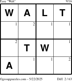 The grouppuzzles.com Easy Walt puzzle for Thursday May 22, 2025 with the first 2 steps marked