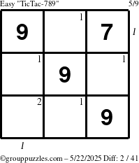 The grouppuzzles.com Easy TicTac-789 puzzle for Thursday May 22, 2025 with all 2 steps marked