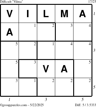 The grouppuzzles.com Difficult Vilma puzzle for Thursday May 22, 2025, suitable for printing, with all 5 steps marked