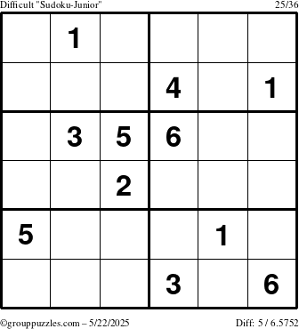 The grouppuzzles.com Difficult Sudoku-Junior puzzle for Thursday May 22, 2025