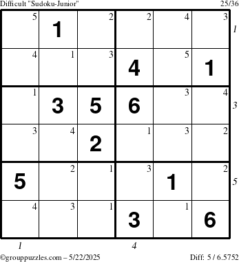 The grouppuzzles.com Difficult Sudoku-Junior puzzle for Thursday May 22, 2025, suitable for printing, with all 5 steps marked