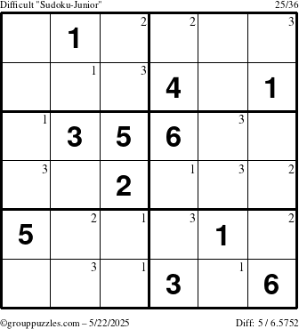 The grouppuzzles.com Difficult Sudoku-Junior puzzle for Thursday May 22, 2025 with the first 3 steps marked