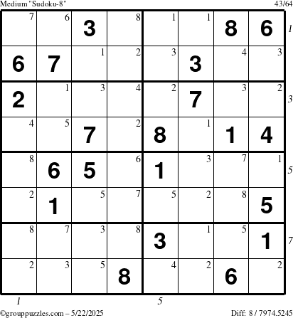 The grouppuzzles.com Medium Sudoku-8 puzzle for Thursday May 22, 2025, suitable for printing, with all 8 steps marked