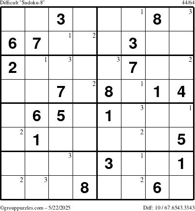 The grouppuzzles.com Difficult Sudoku-8 puzzle for Thursday May 22, 2025 with the first 3 steps marked