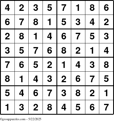 The grouppuzzles.com Answer grid for the Sudoku-8 puzzle for Thursday May 22, 2025