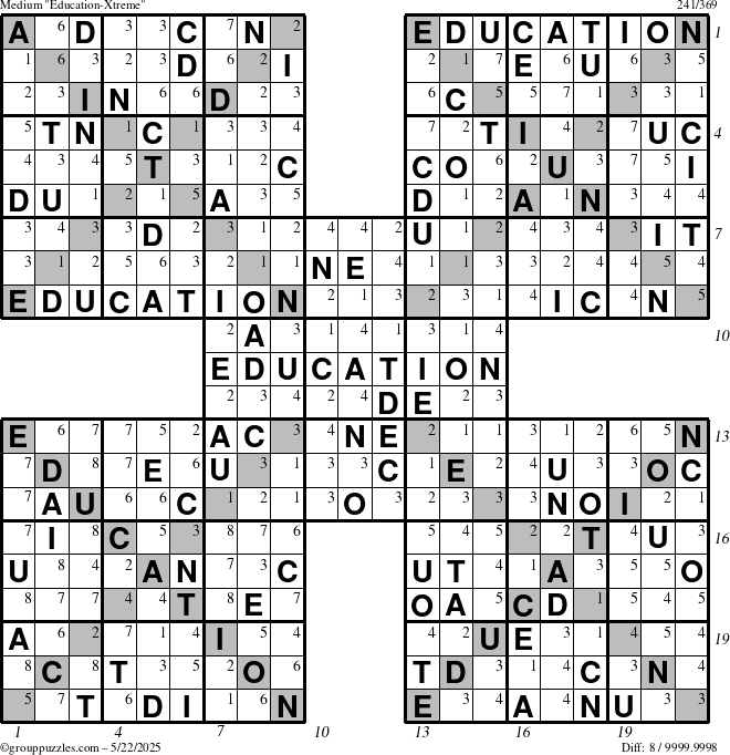 The grouppuzzles.com Medium Education-Xtreme puzzle for Thursday May 22, 2025 with all 8 steps marked
