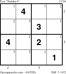 The grouppuzzles.com Easy Sudoku-4 puzzle for Saturday April 4, 2026 with all 3 steps marked
