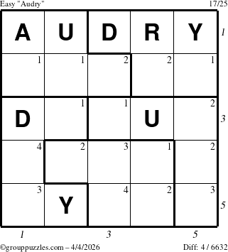 The grouppuzzles.com Easy Audry puzzle for Saturday April 4, 2026 with all 4 steps marked