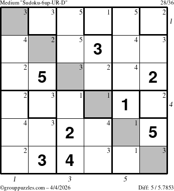 The grouppuzzles.com Medium Sudoku-6up-UR-D puzzle for Saturday April 4, 2026 with all 5 steps marked