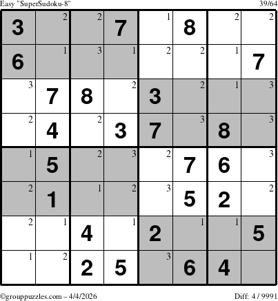 The grouppuzzles.com Easy SuperSudoku-8 puzzle for Saturday April 4, 2026 with the first 3 steps marked