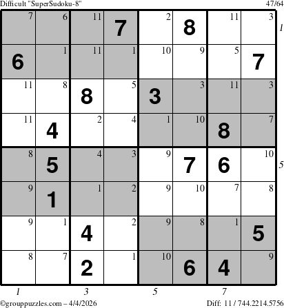 The grouppuzzles.com Difficult SuperSudoku-8 puzzle for Saturday April 4, 2026 with all 11 steps marked