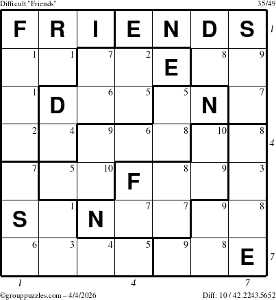 The grouppuzzles.com Difficult Friends puzzle for Saturday April 4, 2026 with all 10 steps marked