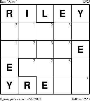 The grouppuzzles.com Easy Riley puzzle for Friday May 2, 2025 with the first 3 steps marked