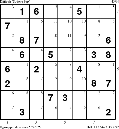 The grouppuzzles.com Difficult Sudoku-8up puzzle for Friday May 2, 2025, suitable for printing, with all 11 steps marked