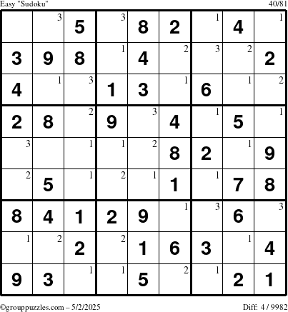 The grouppuzzles.com Easy Sudoku puzzle for Friday May 2, 2025 with the first 3 steps marked