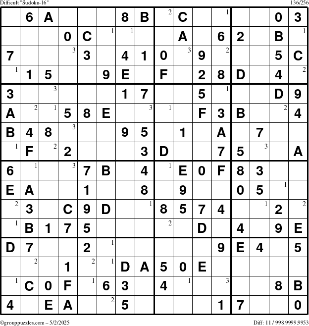 The grouppuzzles.com Difficult Sudoku-16 puzzle for Friday May 2, 2025 with the first 3 steps marked