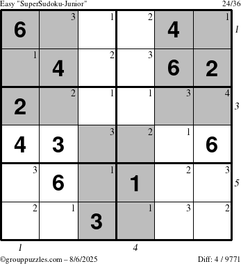 The grouppuzzles.com Easy SuperSudoku-Junior puzzle for Wednesday August 6, 2025 with all 4 steps marked