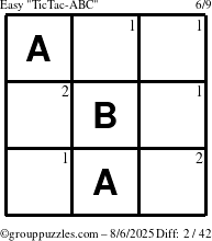The grouppuzzles.com Easy TicTac-ABC puzzle for Wednesday August 6, 2025 with the first 2 steps marked