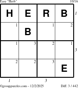 The grouppuzzles.com Easy Herb puzzle for Tuesday December 2, 2025 with all 3 steps marked