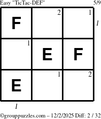 The grouppuzzles.com Easy TicTac-DEF puzzle for Tuesday December 2, 2025 with all 2 steps marked