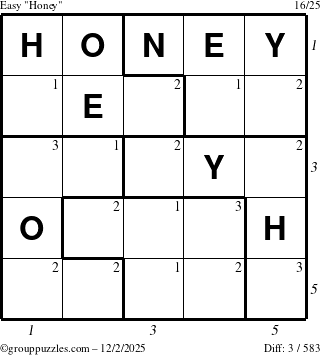 The grouppuzzles.com Easy Honey puzzle for Tuesday December 2, 2025, suitable for printing, with all 3 steps marked