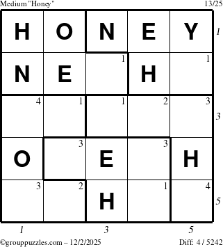 The grouppuzzles.com Medium Honey puzzle for Tuesday December 2, 2025, suitable for printing, with all 4 steps marked